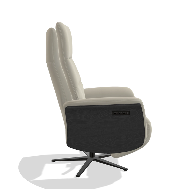 Recliner Atlas 6685 in Leather B971 (light grey), black wood side panels, black metal base, side view