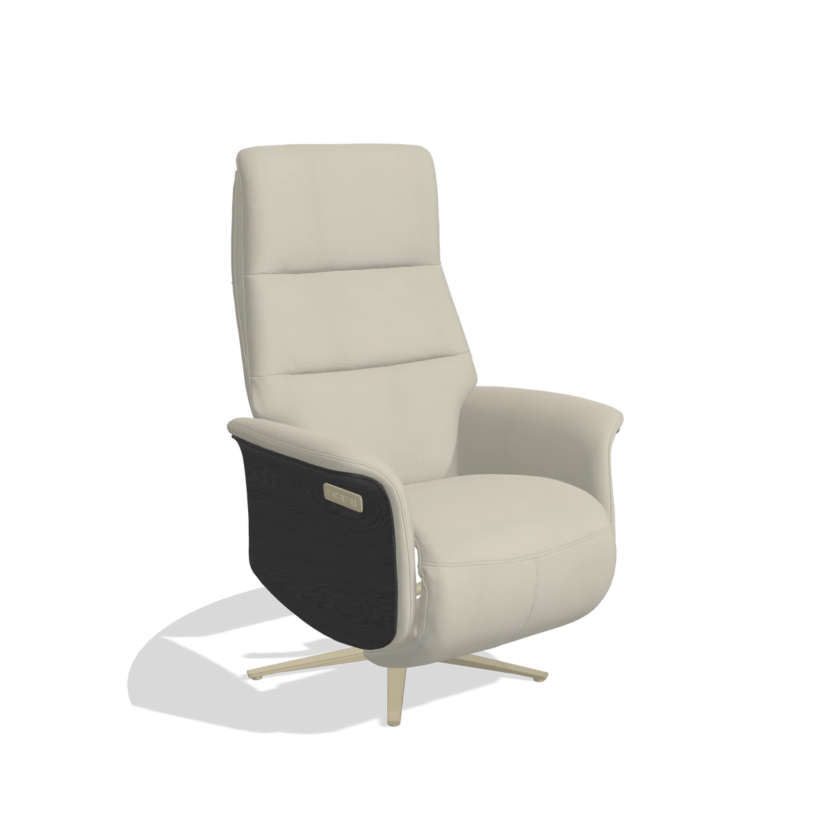 Recliner Atlas 6685 in Leather B971 (light grey), black wood side panels, champagne metal base, angled view