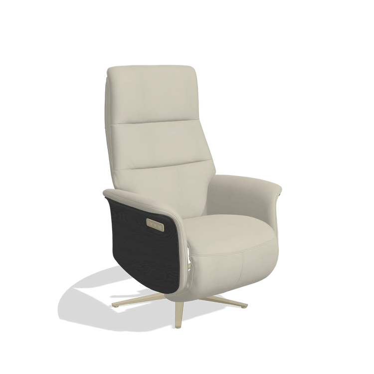 Recliner Atlas 6685 in Leather B971 (light grey), black wood side panels, champagne metal base, angled view