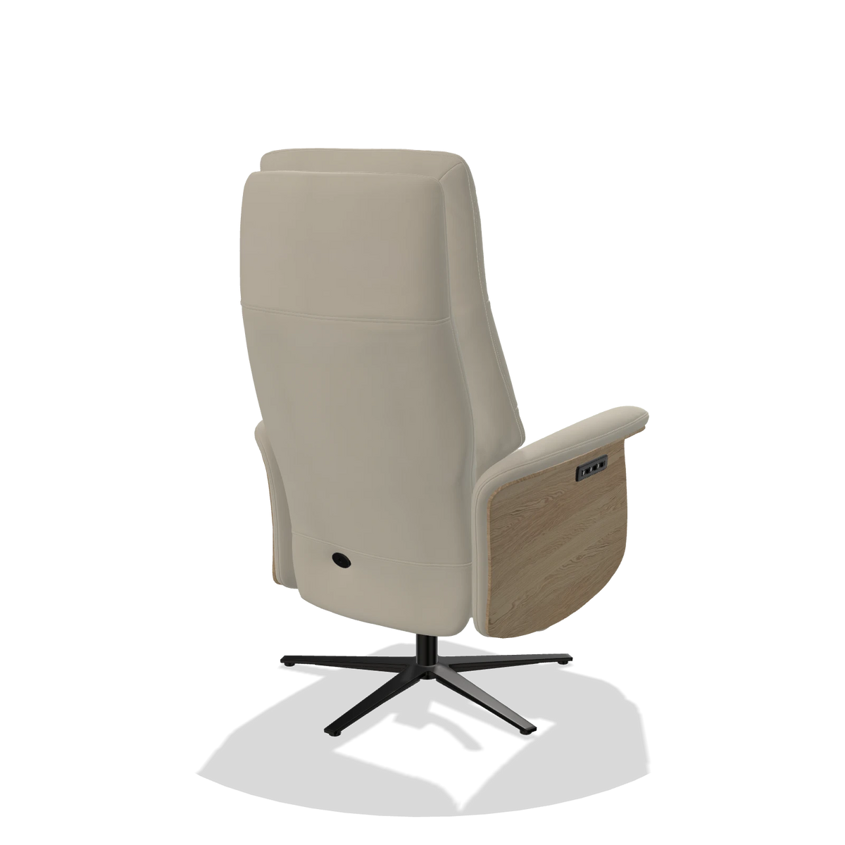 Recliner Atlas 6685 in Leather B971 (light grey), natural wood side panels, black metal base, back angled view