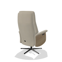 Recliner Atlas 6685 in Leather B971 (light grey), natural wood side panels, black metal base, back angled view