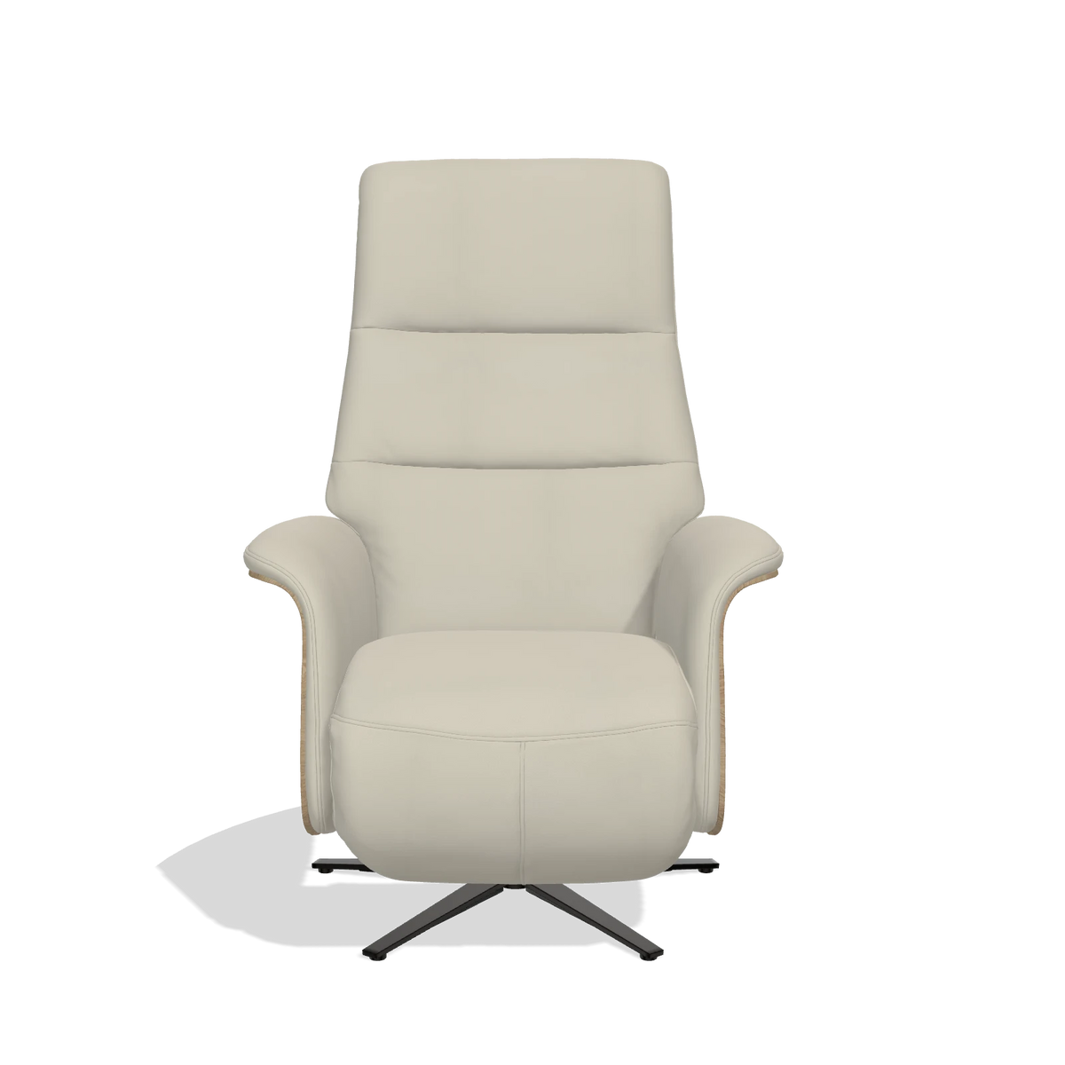 Recliner Atlas 6685 in Leather B971 (light grey), natural wood side panels, black metal base, front view