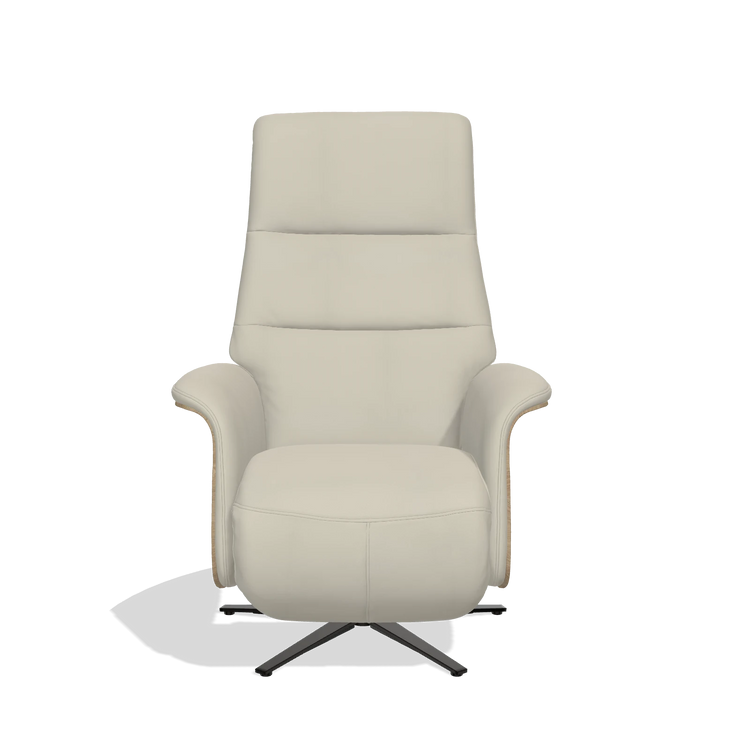 Recliner Atlas 6685 in Leather B971 (light grey), natural wood side panels, black metal base, front view