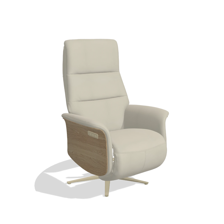Recliner Atlas 6685 in Leather B971 (light grey), natural wood side panels, champagne metal base, angled view