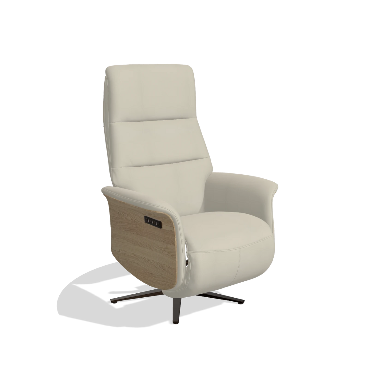 Recliner Atlas 6685 in Leather B971 (light grey), natural wood side panels, espresso metal base, angled view