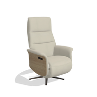 Recliner Atlas 6685 in Leather B971 (light grey), natural wood side panels, espresso metal base, angled view