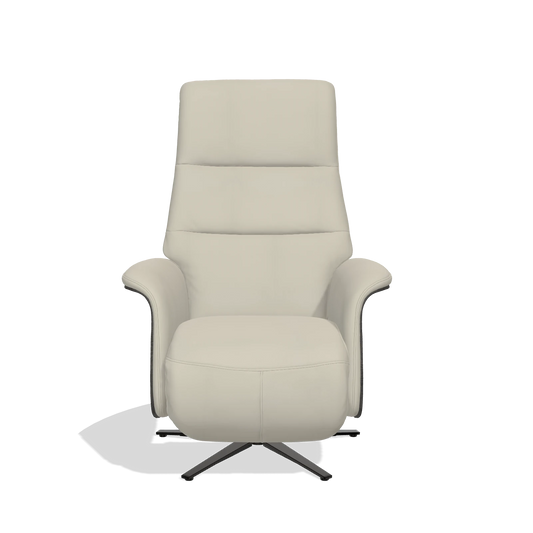 Sillón reclinable Atlas 6685 en Piel B971 (gris claro), paneles laterales de madera en tabaco, base metálica en negro, vista frontal