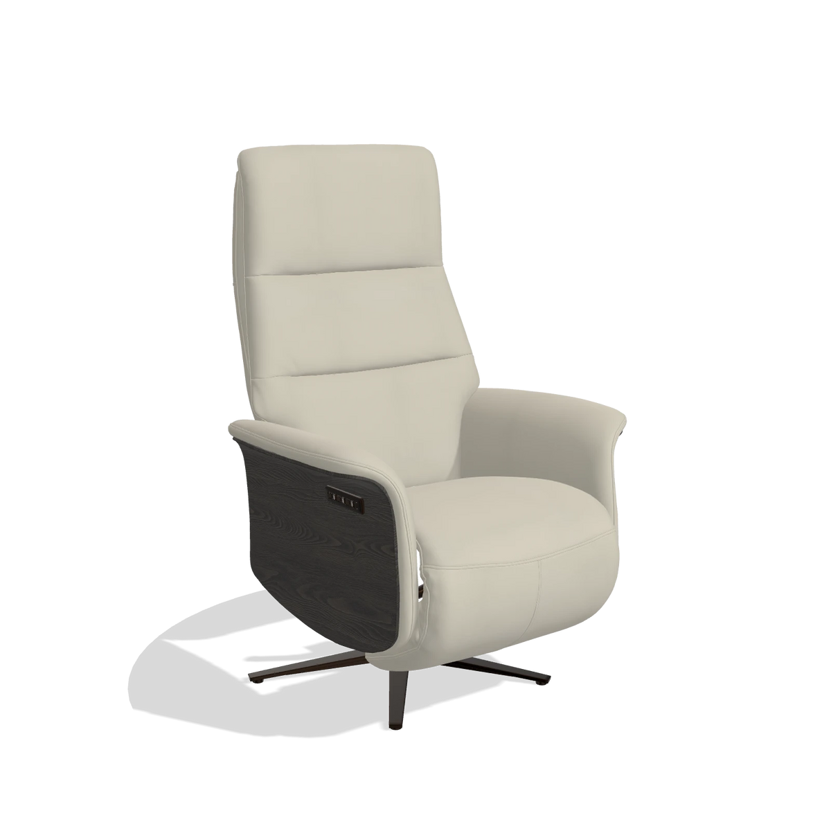 Recliner Atlas 6685 in Leather B971 (light grey), tobacco wood side panels, espresso metal base, angled view