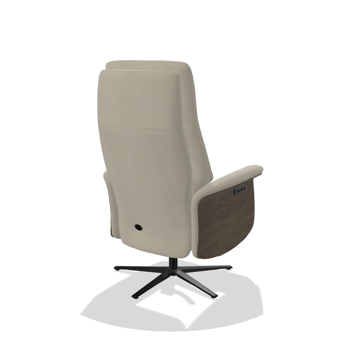 Recliner Atlas 6685 in Leather B971 (light grey), walnut wood side panels, black metal base, back angled view