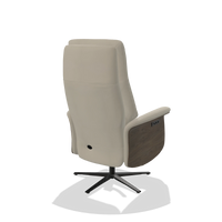 Recliner Atlas 6685 in Leather B971 (light grey), walnut wood side panels, black metal base, back angled view