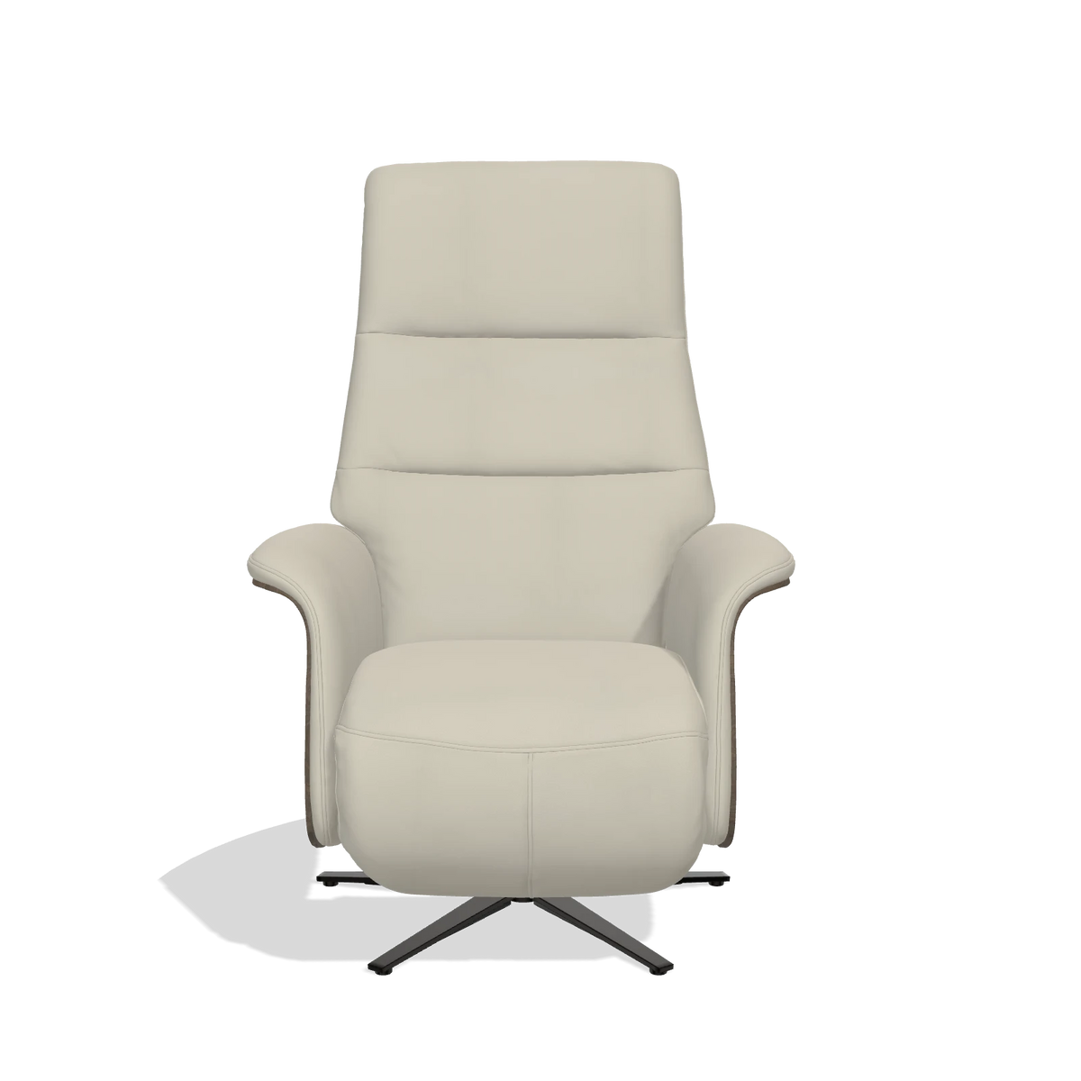 Recliner Atlas 6685 in Leather B971 (light grey), walnut wood side panels, black metal base, front view