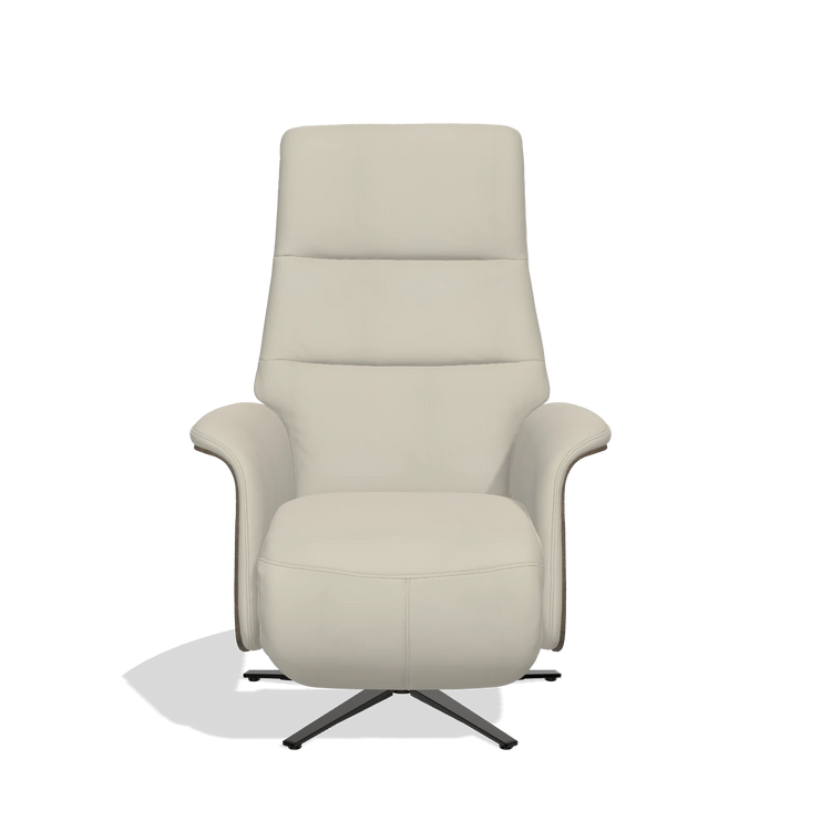 Recliner Atlas 6685 in Leather B971 (light grey), walnut wood side panels, black metal base, front view