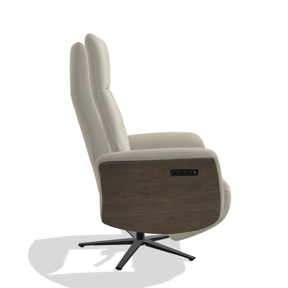 Recliner Atlas 6685 in Leather B971 (light grey), walnut wood side panels, black metal base, side view