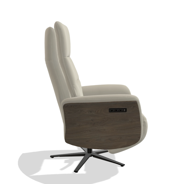 Recliner Atlas 6685 in Leather B971 (light grey), walnut wood side panels, black metal base, side view