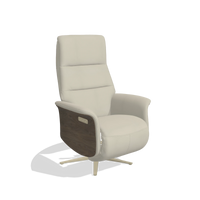 Recliner Atlas 6685 in Leather B971 (light grey), walnut wood side panels, champagne metal base, angled view
