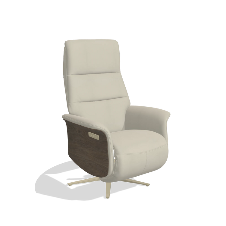 Recliner Atlas 6685 in Leather B971 (light grey), walnut wood side panels, champagne metal base, angled view