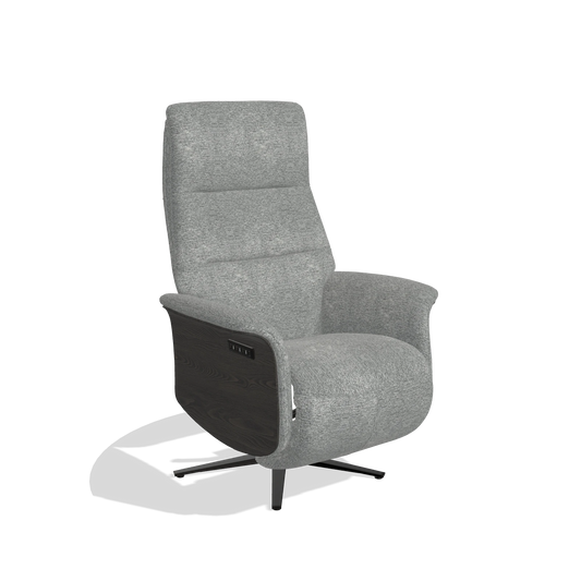 Relaxsessel Atlas 6685 in Stoff Mito 97 (Taupe), Holzseitenteile in Tabak, Metallfuß in Schwarz, Schrägansicht