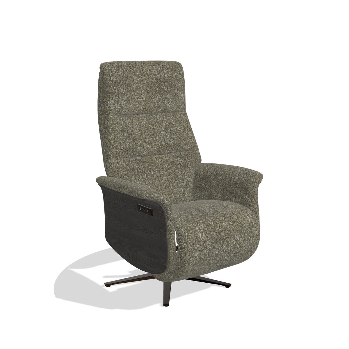 Fauteuil relax Atlas 6685 en tissu Oasis 88 (marron), panneaux latéraux en bois en tabac, pied en métal en espresso, vue de trois-quarts