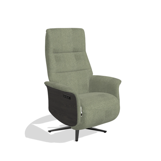 Relaxsessel Atlas 6685 in Stoff San Remo 500 (Taupe), Holzseitenteile in Tabak, Metallfuß in Schwarz, Schrägansicht