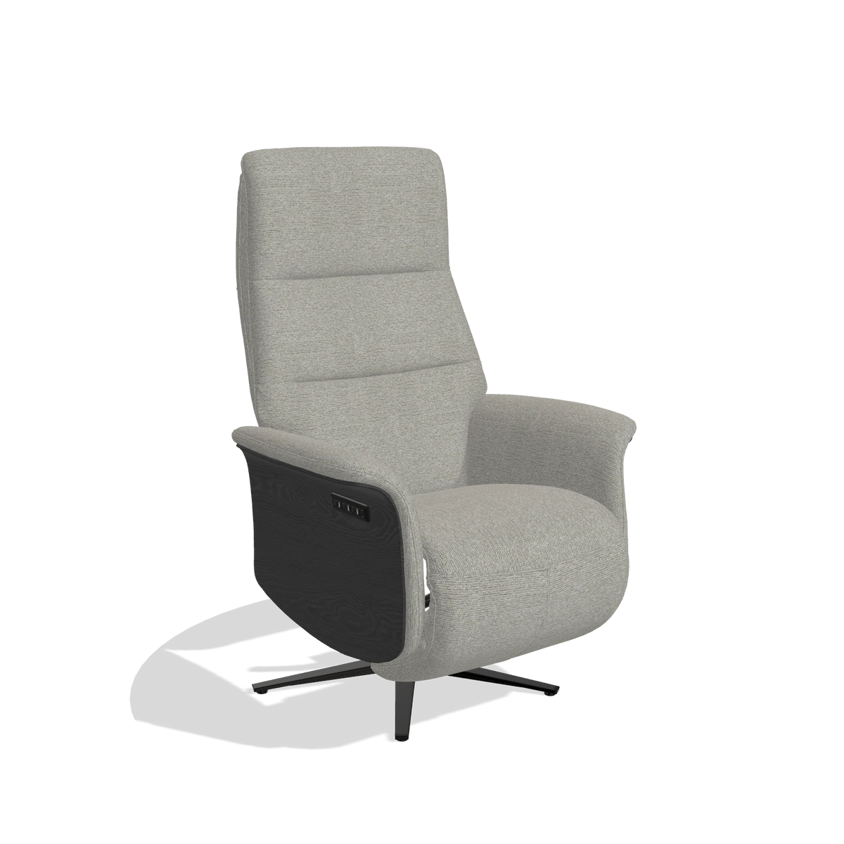 Recliner Atlas 6685 in Sneak 01 fabric (grey), black wood side panels, black metal base, angled view