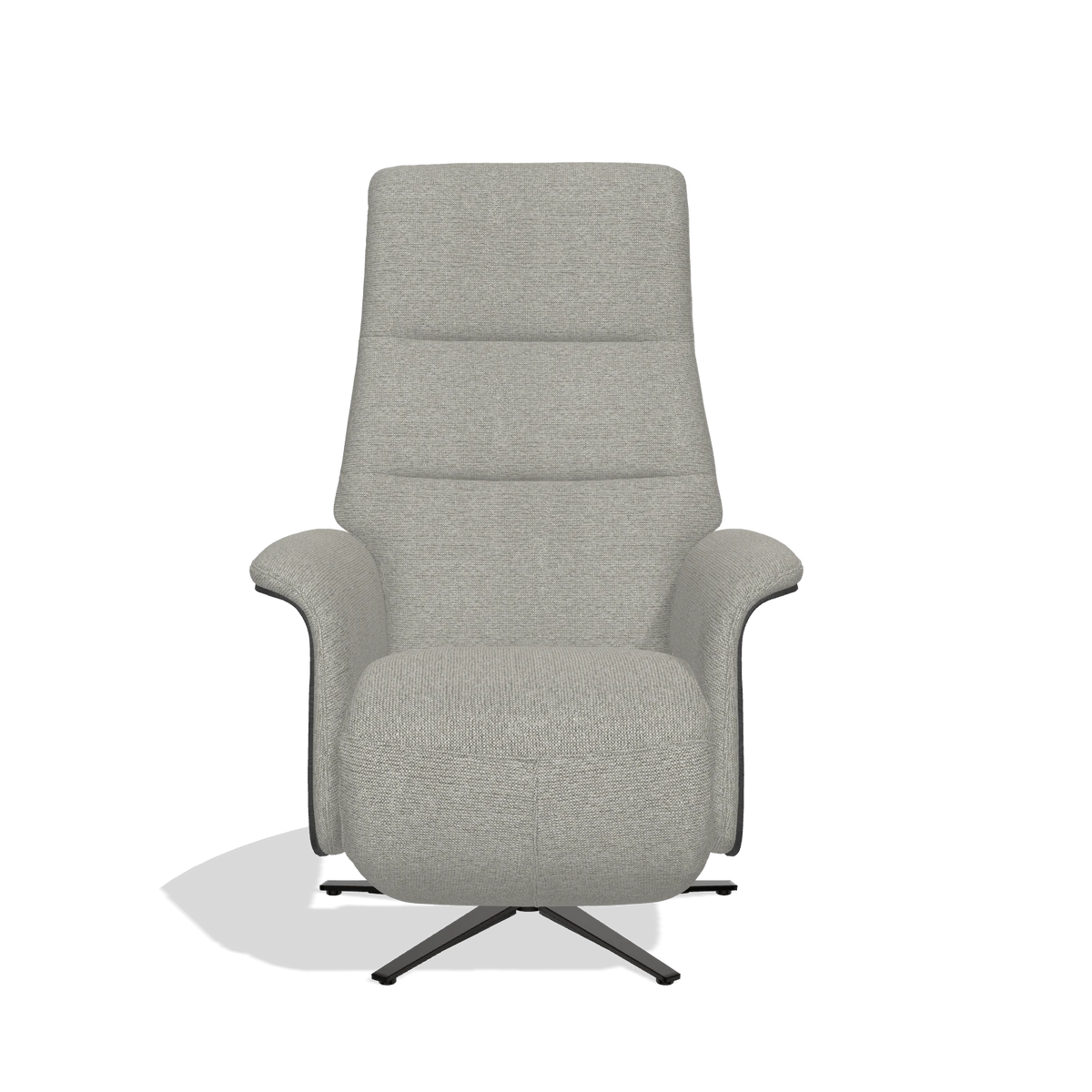 Recliner Atlas 6685 in Sneak 01 fabric (grey), black wood side panels, black metal base, front view