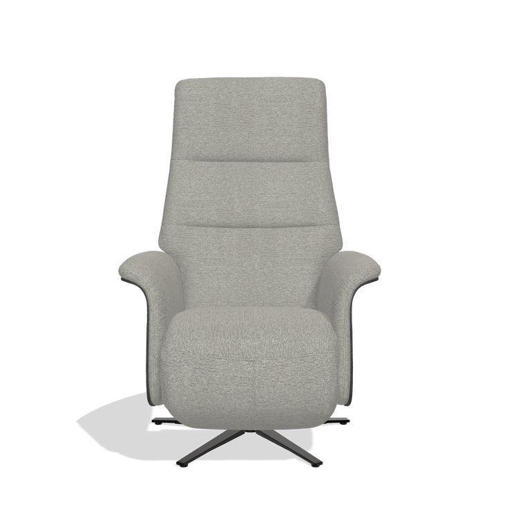 Recliner Atlas 6685 in Sneak 01 fabric (grey), black wood side panels, black metal base, front view
