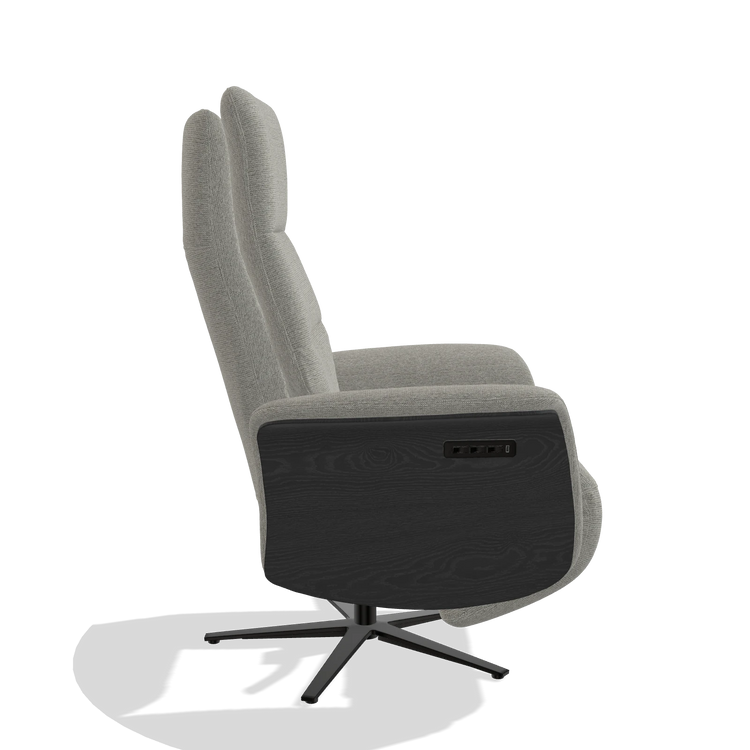 Recliner Atlas 6685 in Sneak 01 fabric (grey), black wood side panels, black metal base, side view