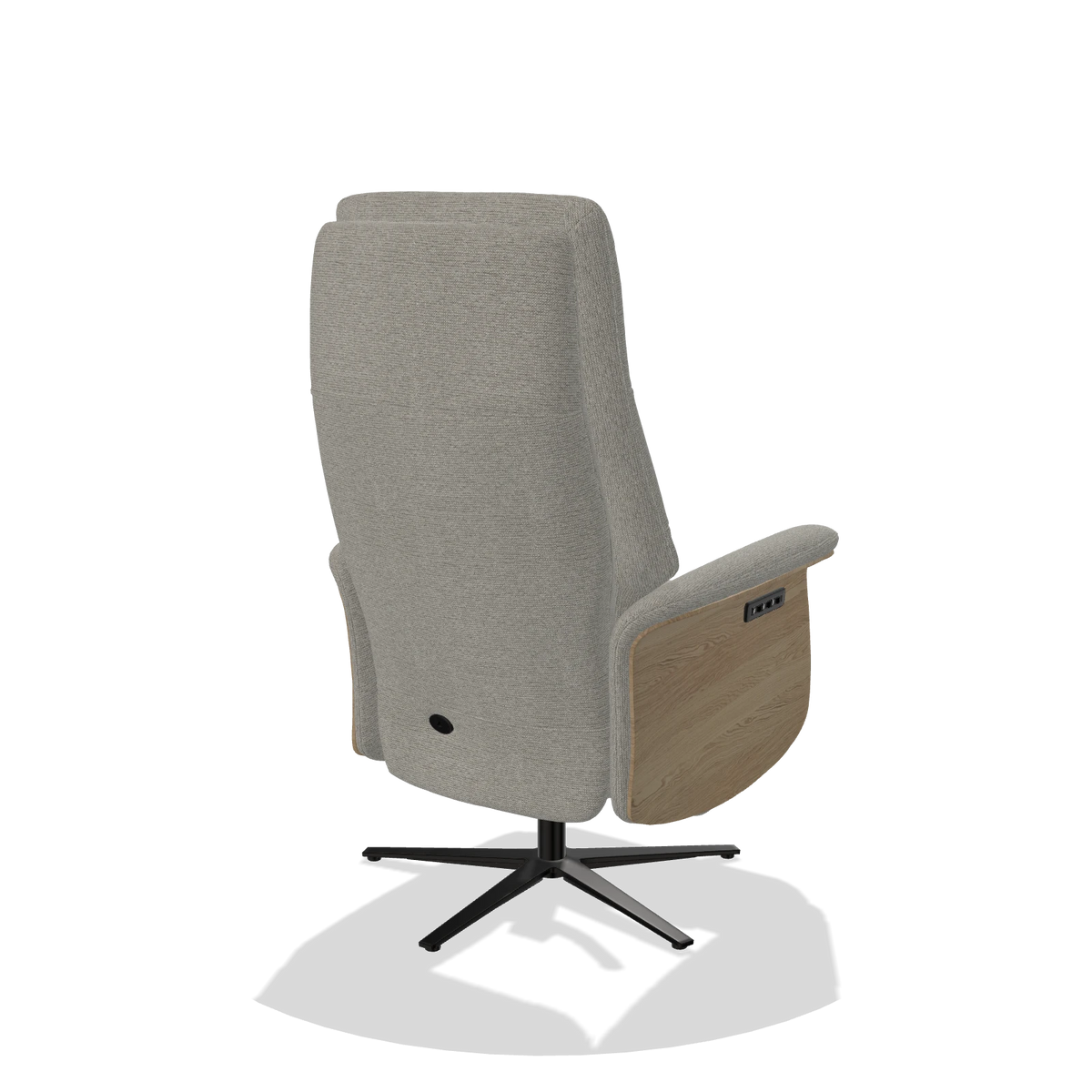 Recliner Atlas 6685 in Sneak 01 fabric (grey), natural wood side panels, black metal base, back angled view