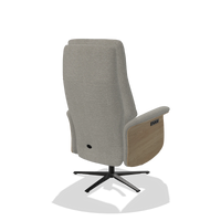 Recliner Atlas 6685 in Sneak 01 fabric (grey), natural wood side panels, black metal base, back angled view