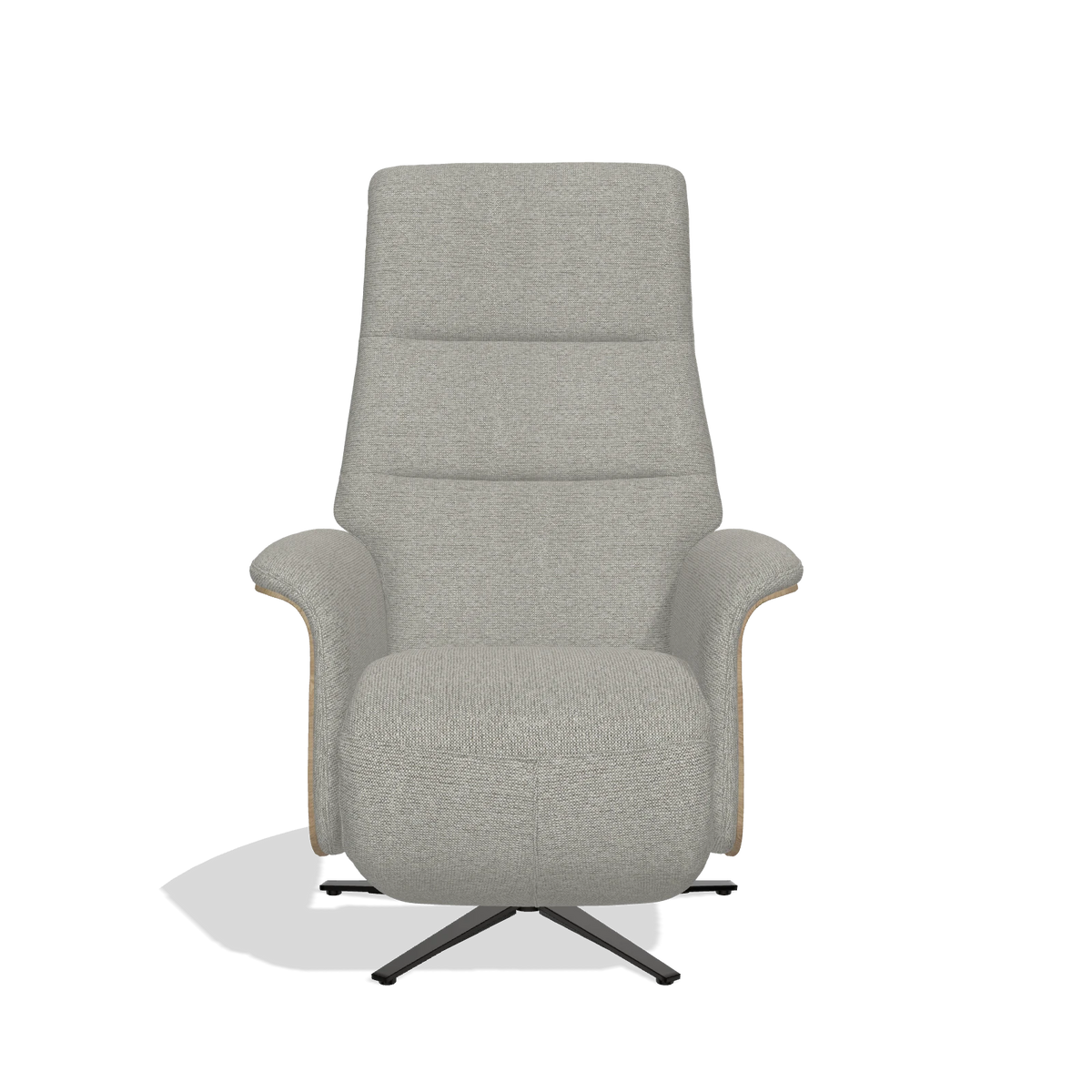 Recliner Atlas 6685 in Sneak 01 fabric (grey), natural wood side panels, black metal base, front view