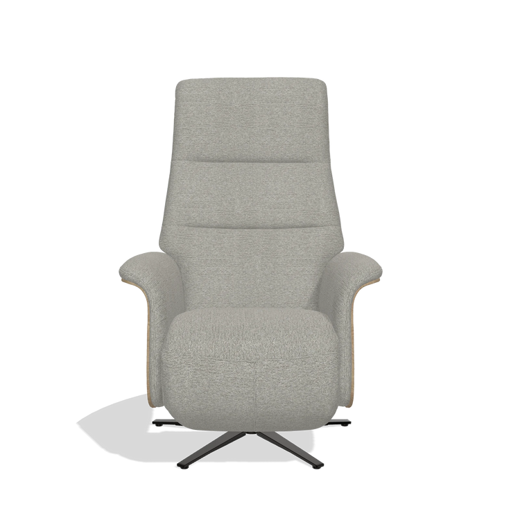 Recliner Atlas 6685 in Sneak 01 fabric (grey), natural wood side panels, black metal base, front view