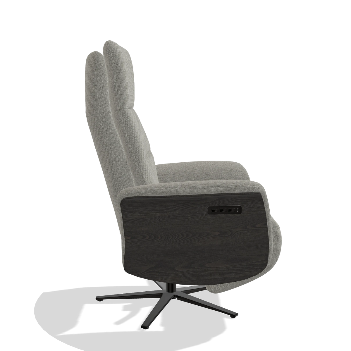 Recliner Atlas 6685 in Sneak 01 fabric (grey), tobacco wood side panels, black metal base, side view