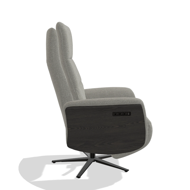 Recliner Atlas 6685 in Sneak 01 fabric (grey), tobacco wood side panels, black metal base, side view