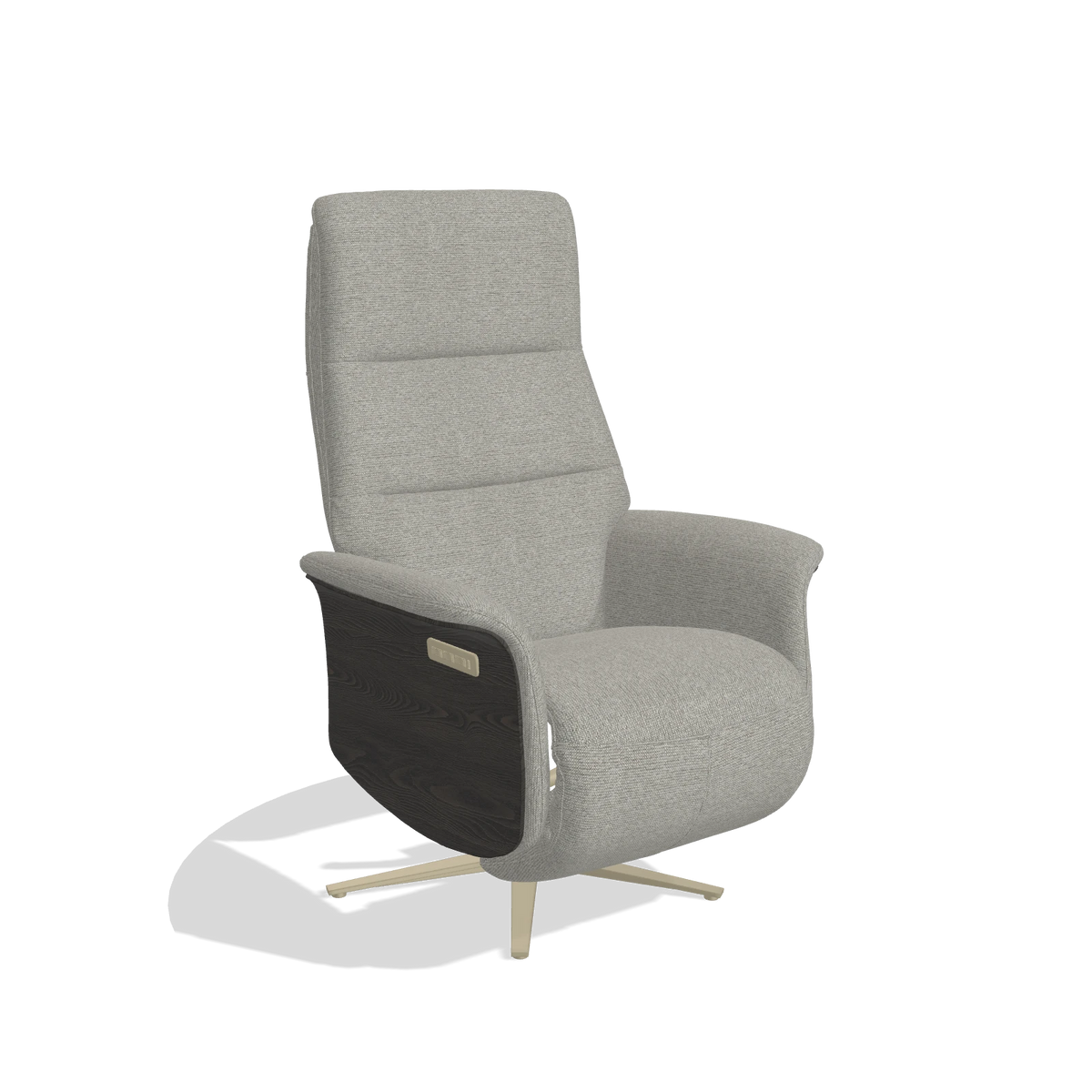 Recliner Atlas 6685 in Sneak 01 fabric (grey), tobacco wood side panels, champagne metal base, angled view