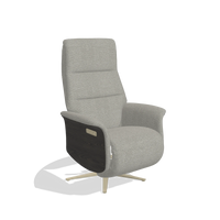 Recliner Atlas 6685 in Sneak 01 fabric (grey), tobacco wood side panels, champagne metal base, angled view