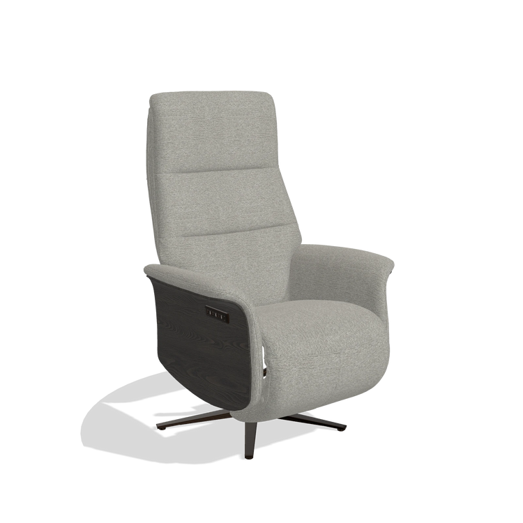 Recliner Atlas 6685 in Sneak 01 fabric (grey), tobacco wood side panels, espresso metal base, angled view