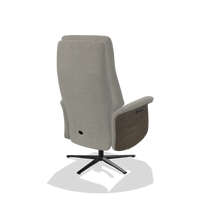 Recliner Atlas 6685 in Sneak 01 fabric (grey), walnut wood side panels, black metal base, back angled view