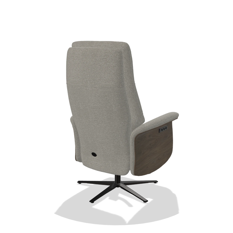 Recliner Atlas 6685 in Sneak 01 fabric (grey), walnut wood side panels, black metal base, back angled view