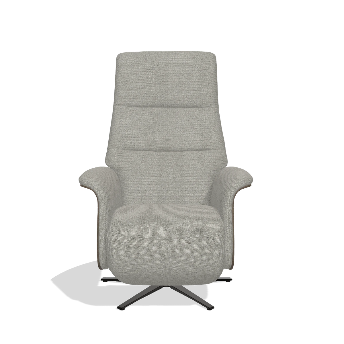 Recliner Atlas 6685 in Sneak 01 fabric (grey), walnut wood side panels, black metal base, front view
