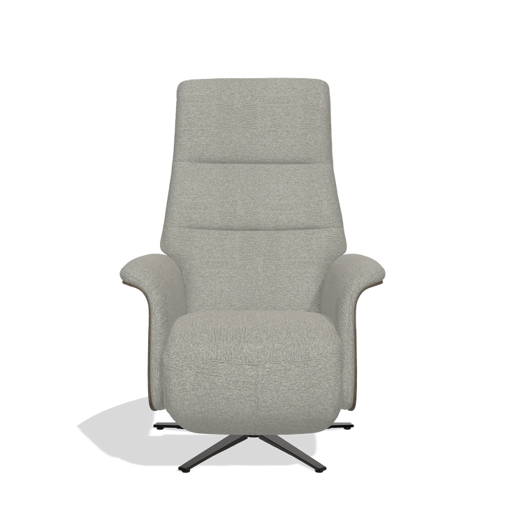 Recliner Atlas 6685 in Sneak 01 fabric (grey), walnut wood side panels, black metal base, front view