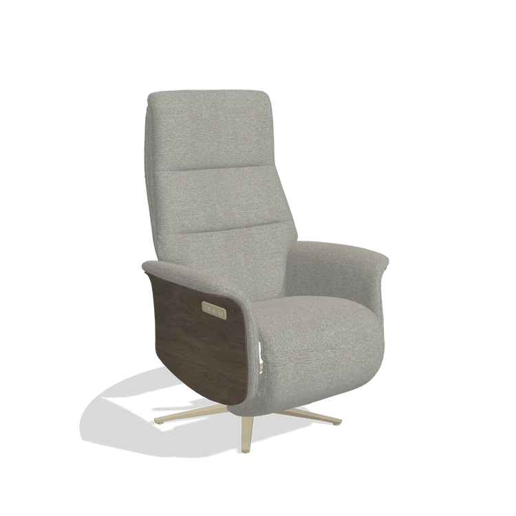 Recliner Atlas 6685 in Sneak 01 fabric (grey), walnut wood side panels, champagne metal base, angled view