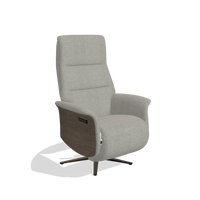 Recliner Atlas 6685 in Sneak 01 fabric (grey), walnut wood side panels, espresso metal base, angled view