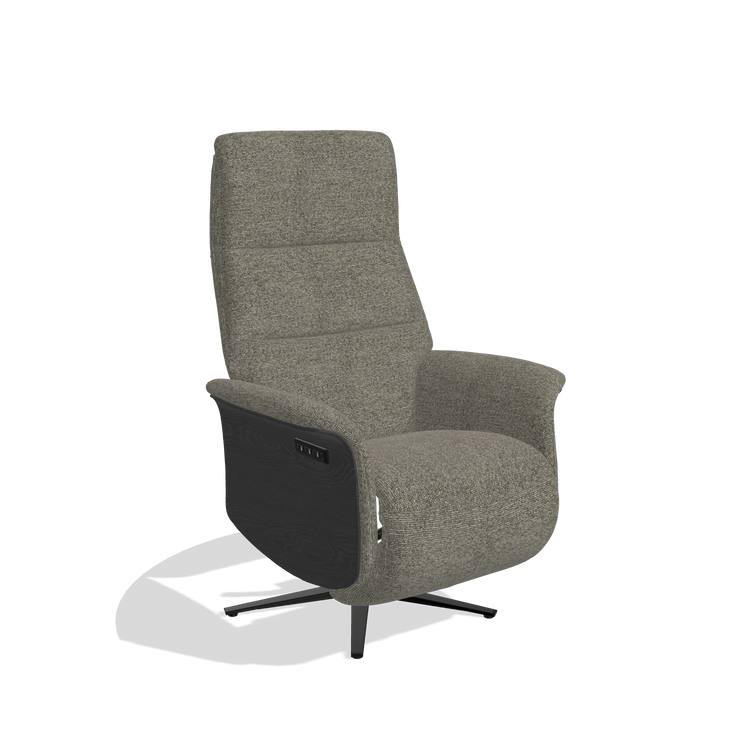 Relaxfauteuil Atlas 6685 in stof Sneak 10 (donkergrijs), houten zijpanelen in zwart, metalen voet in zwart, schuin vooraanzicht