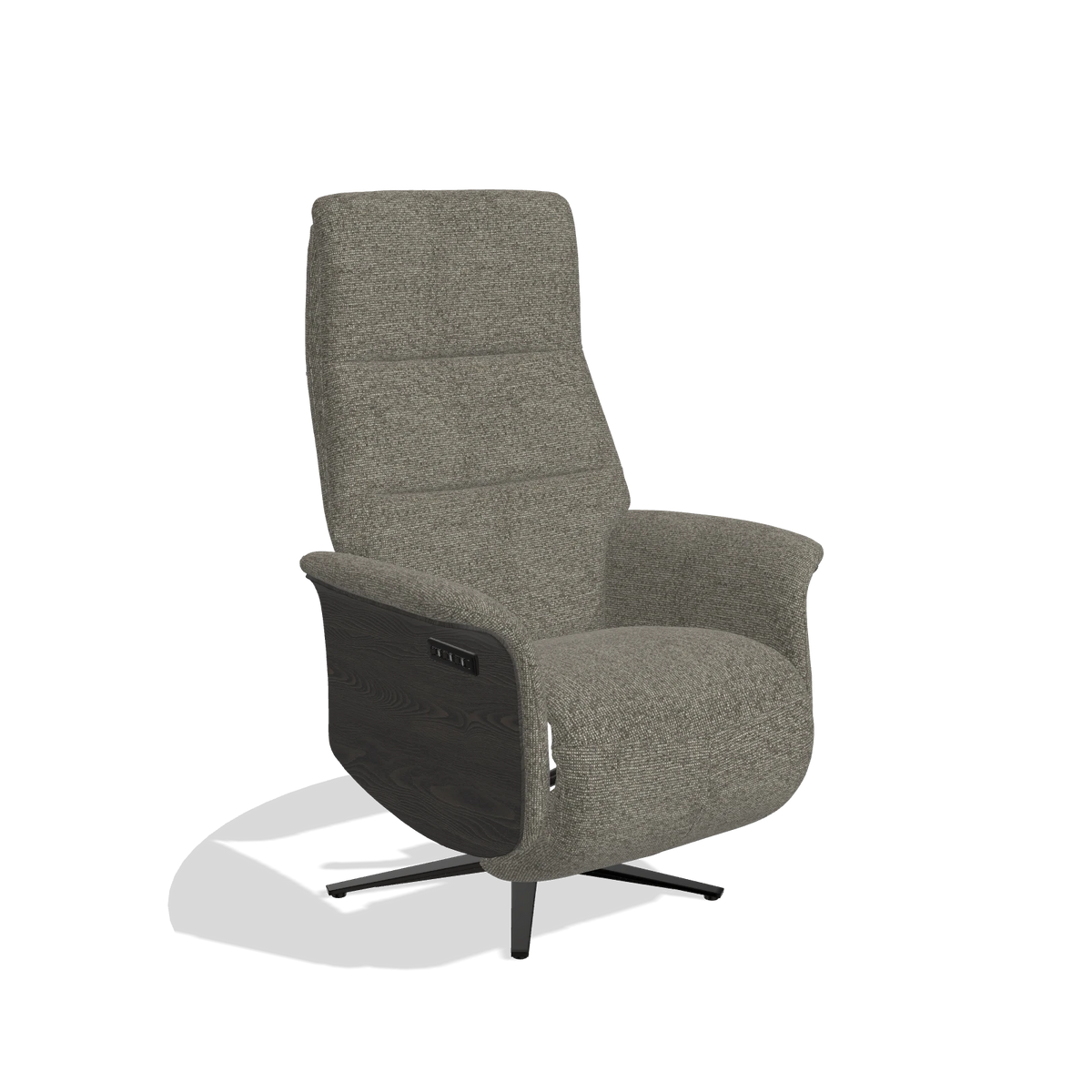 Relaxfauteuil Atlas 6685 in stof Sneak 10 (donkergrijs), houten zijpanelen in tabak, metalen voet in zwart, schuin vooraanzicht