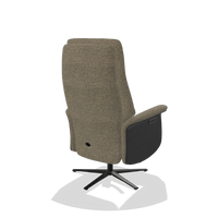 Recliner Atlas 6685 in Sneak 124 fabric (olive), black wood side panels, black metal base, back angled view