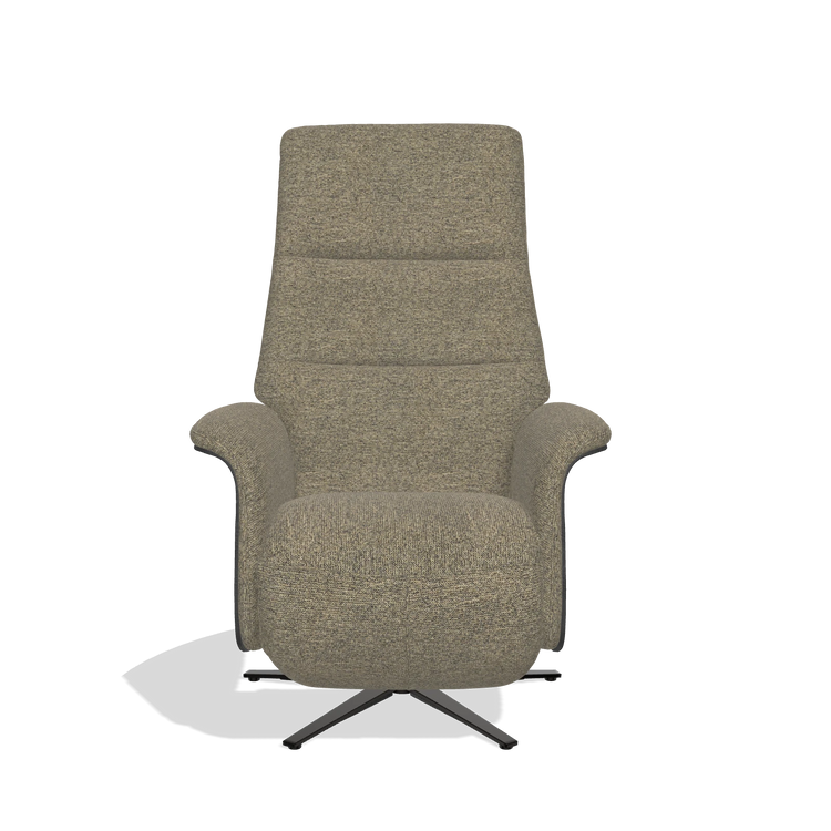 Recliner Atlas 6685 in Sneak 124 fabric (olive), black wood side panels, black metal base, front view