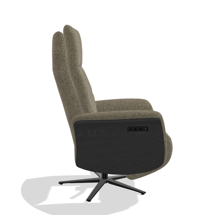 Recliner Atlas 6685 in Sneak 124 fabric (olive), black wood side panels, black metal base, side view