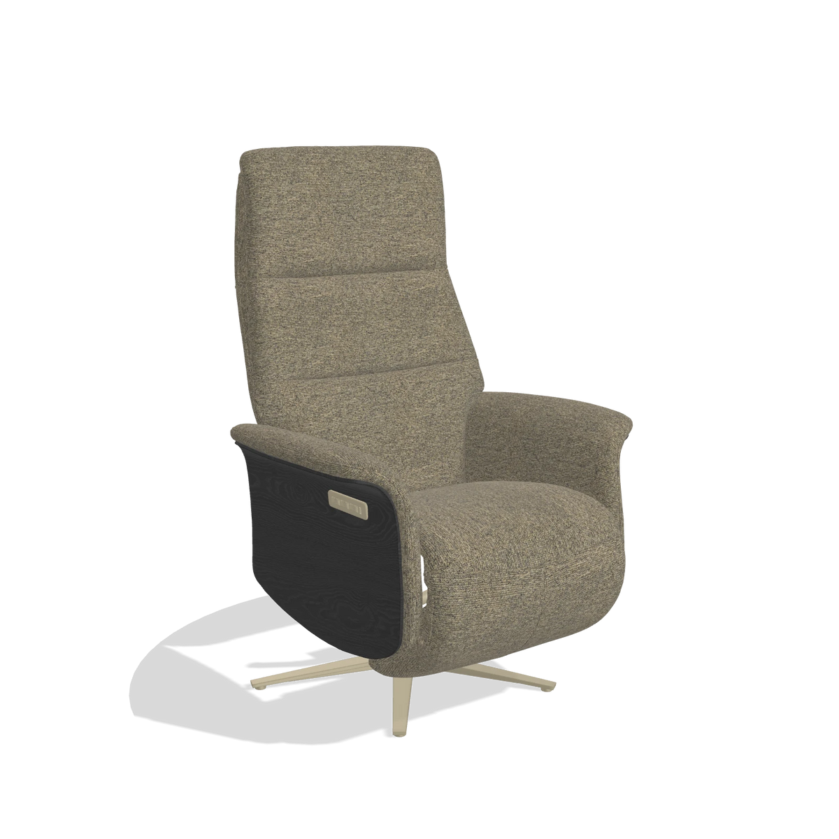 Recliner Atlas 6685 in Sneak 124 fabric (olive), black wood side panels, champagne metal base, angled view