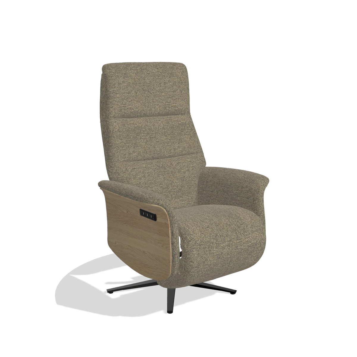 Recliner Atlas 6685 in Sneak 124 fabric (olive), natural wood side panels, black metal base, angled view