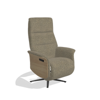 Recliner Atlas 6685 in Sneak 124 fabric (olive), natural wood side panels, black metal base, angled view